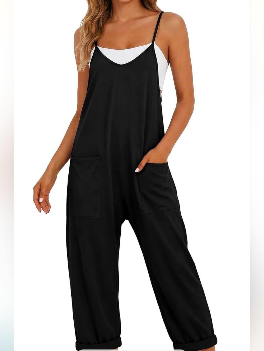 NWT Fashion Sleeveless Loose Fit Cotton V Neck Wide Leg Jumpsuit With Pockets.